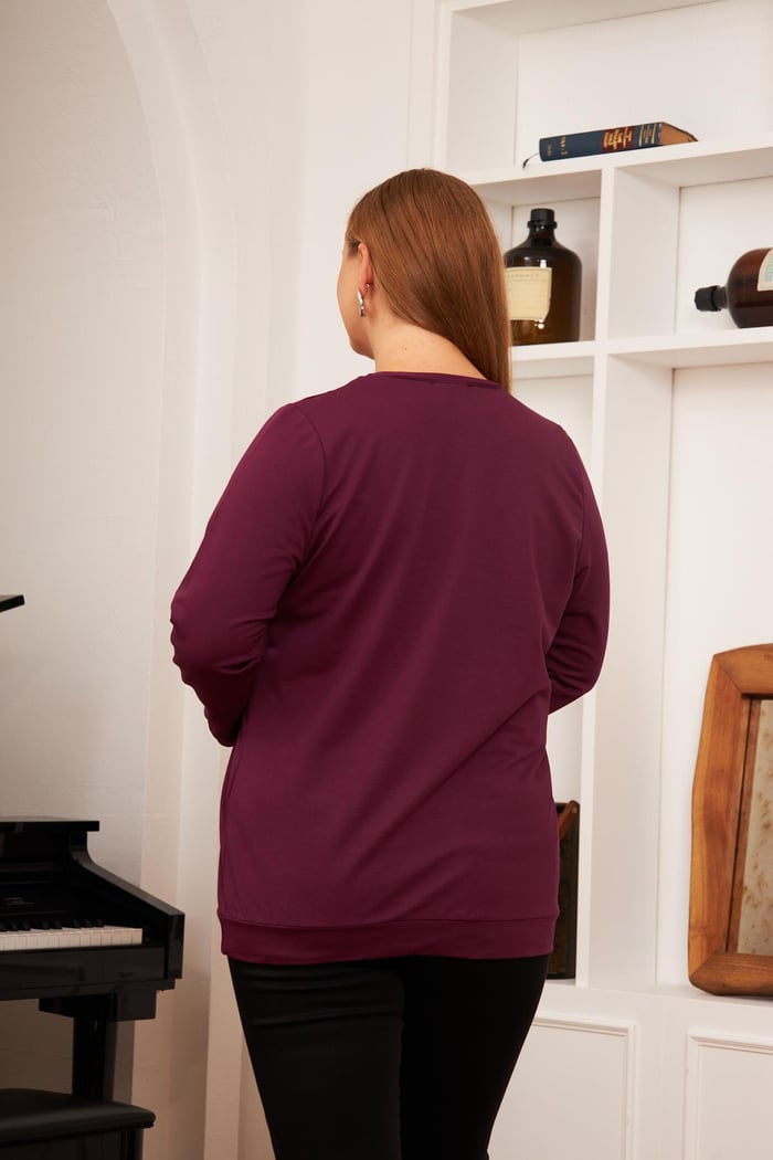 Büyük Beden Taş Baskılı Sweatshirt K.Mor
