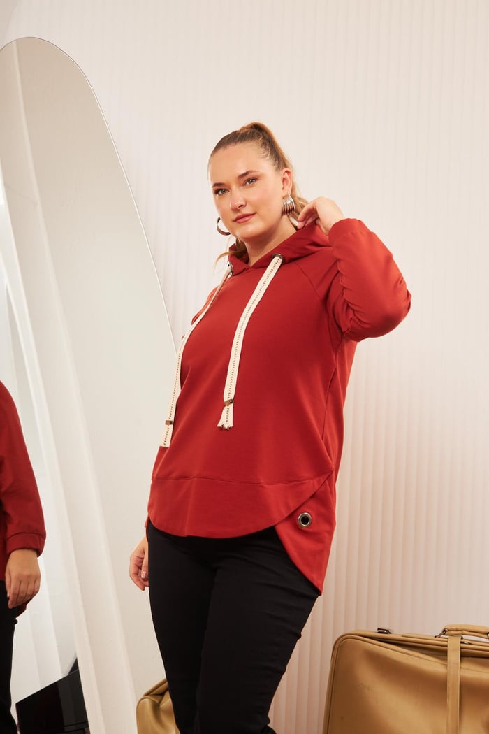 Büyük Beden Süslemeli Bağcıklı Kordon Sweatshirt Kiremit