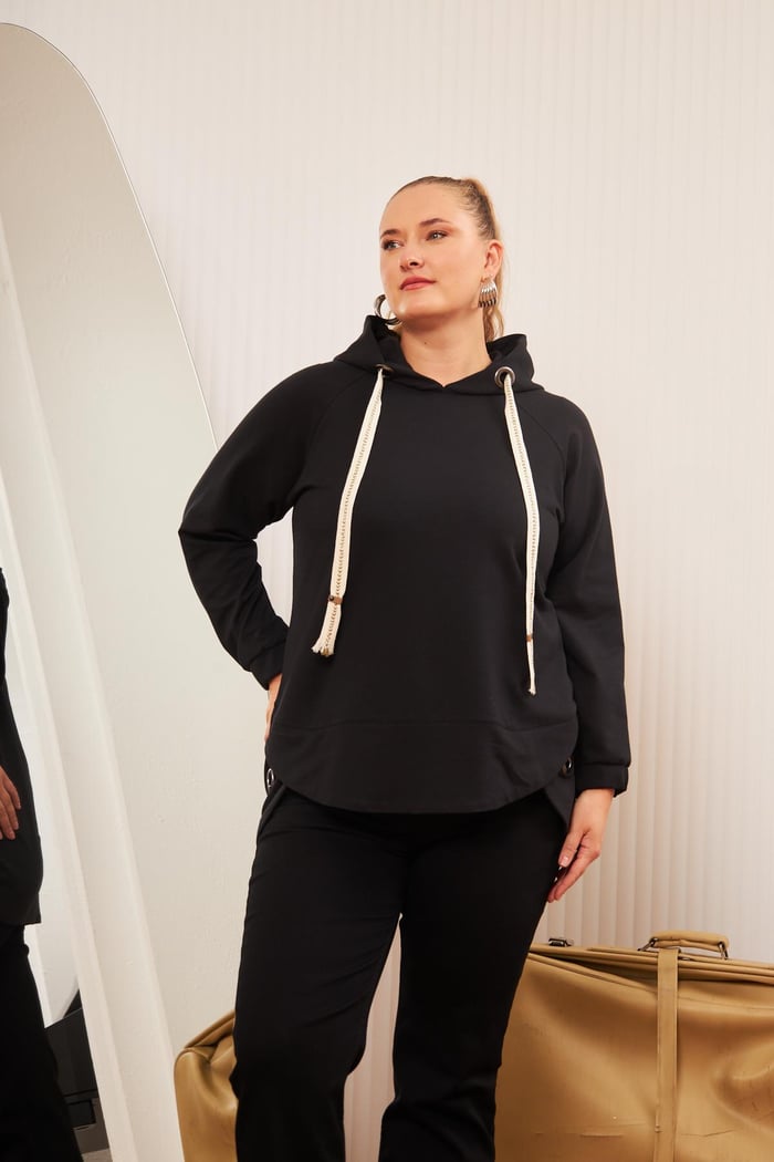 Büyük Beden Süslemeli Bağcıklı Kordon Sweatshirt Mavi