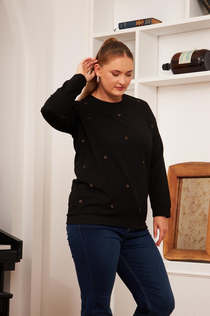 Büyük Beden Taş Baskılı Sweatshirt Siyah