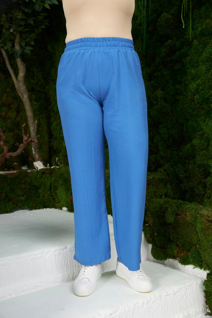 Beli Lastikli Geniş Paça Büyük Beden İndigo Pantolon