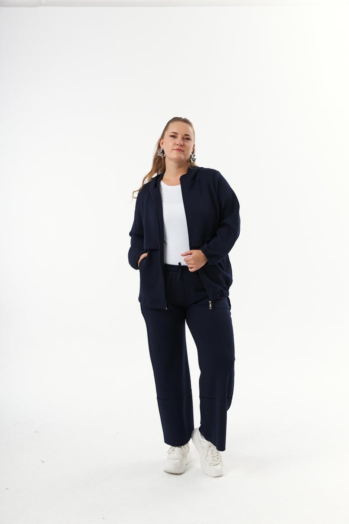 Büyük Beden Kapüşon ve Fermuarlı Modal Sweatshirt Lacivert