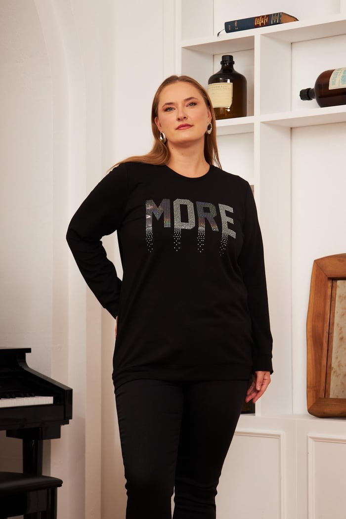 Büyük Beden More Taş Baskılı Sweatshirt Siyah