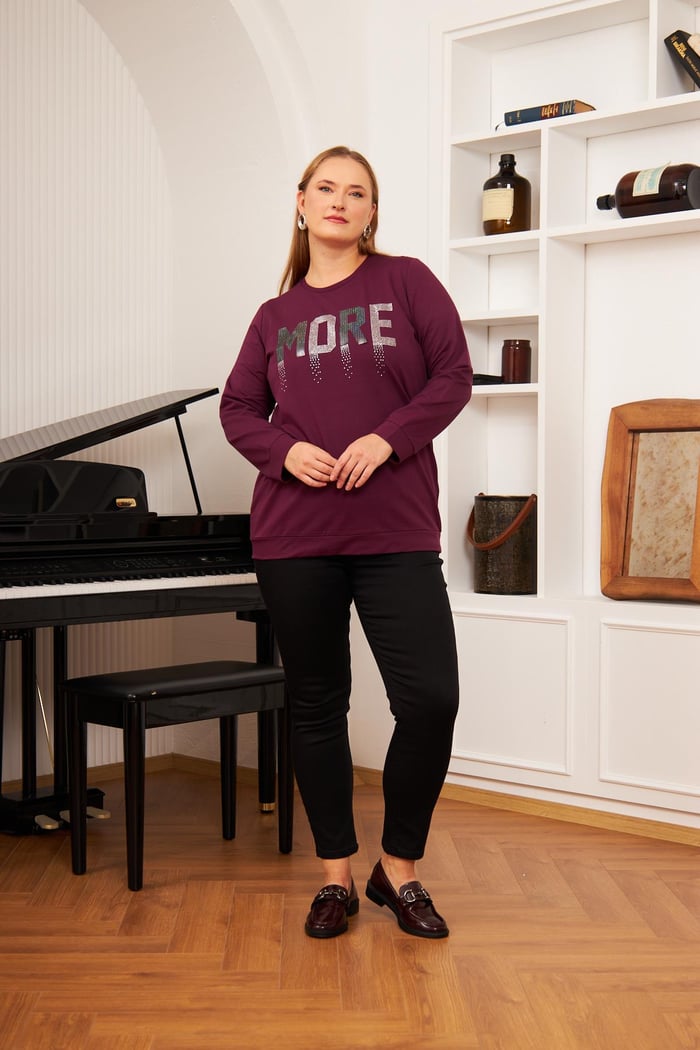 Büyük Beden Taş Baskılı Sweatshirt K.Mor