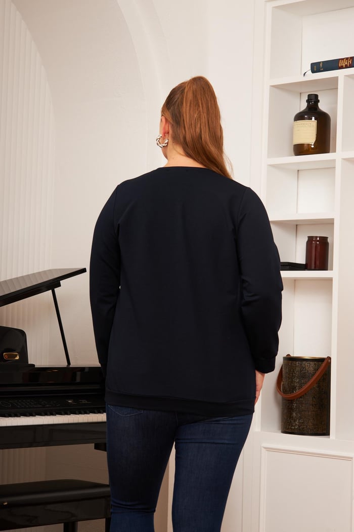 Büyük Beden Taş Baskılı Sweatshirt Lacivert