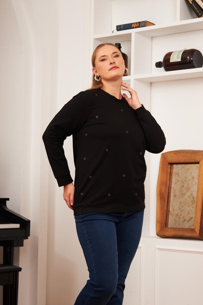 Büyük Beden Taş Baskılı Sweatshirt Siyah