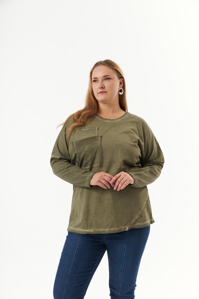 Büyük Beden Cep Detay Parça Boya Sweatshirt Haki