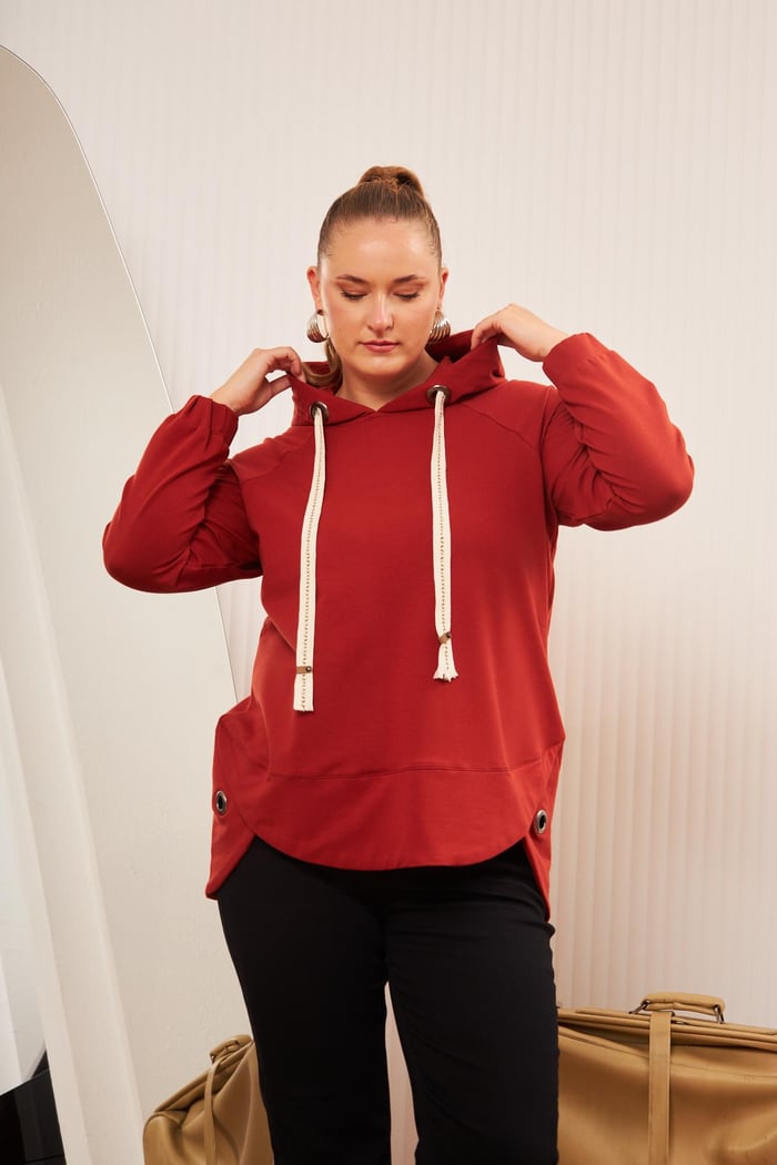 Büyük Beden Süslemeli Bağcıklı Kordon Sweatshirt Kiremit