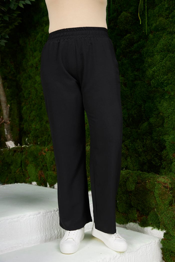 Beli Lastikli Geniş Paça Büyük Beden Siyah Pantolon