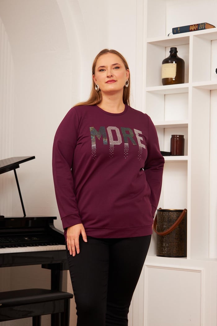 Büyük Beden Taş Baskılı Sweatshirt K.Mor