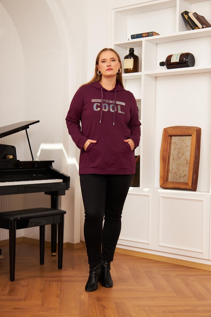 Büyük Beden Taş Baskılı Sweatshirt Koyu Mor