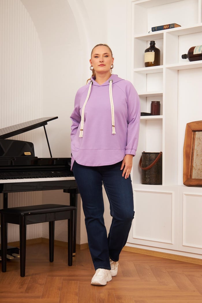 Büyük Beden Süslemeli Bağcıklı Kordon Sweatshirt Lila