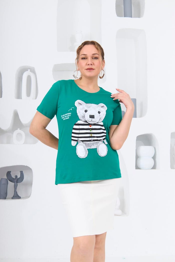 Ayıcık Baskılı Büyük Beden Benetton Tişört