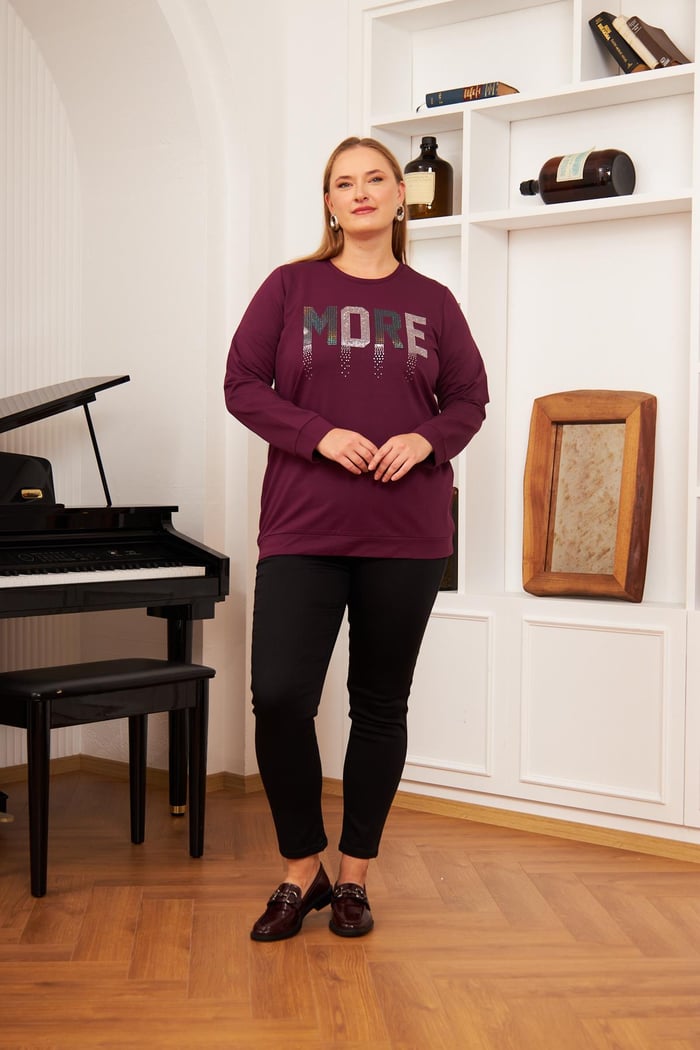 Büyük Beden Taş Baskılı Sweatshirt K.Mor