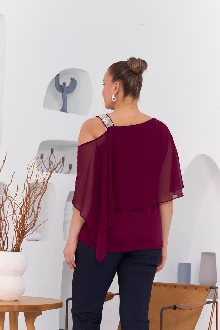 Rmg Omuz Taş Detay İçlikli Şifon Büyük Beden Bluz Violet