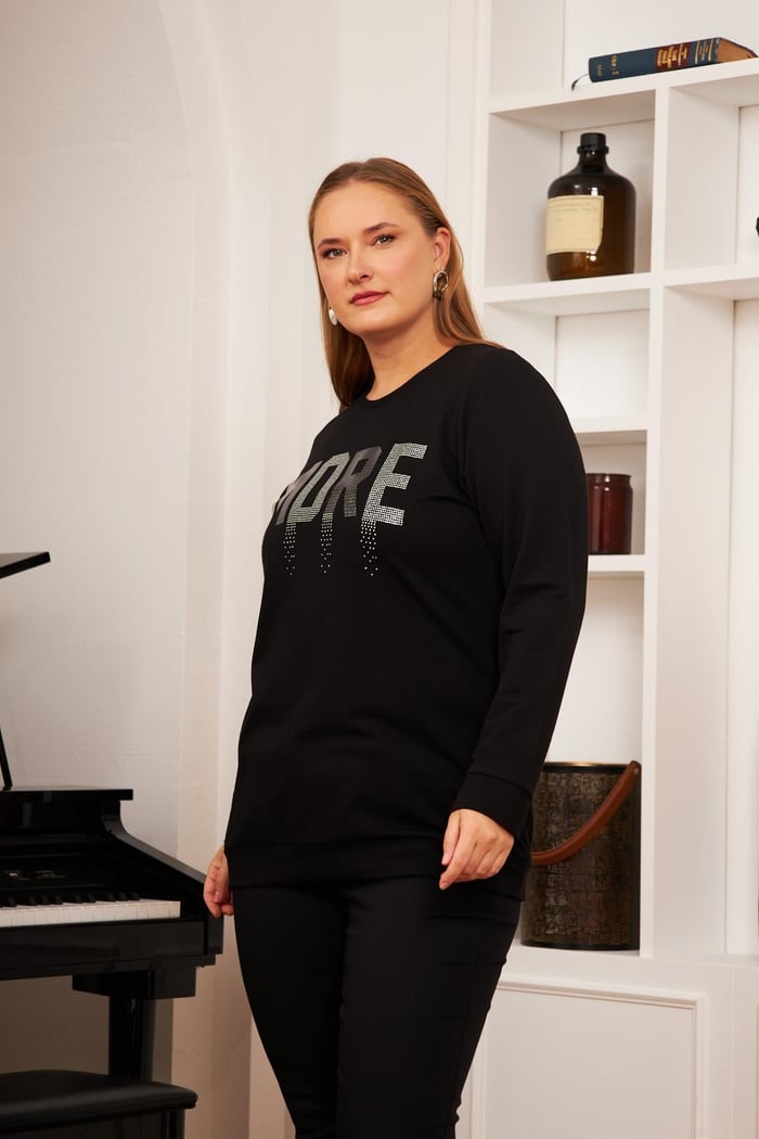 Büyük Beden Taş Baskılı Sweatshirt Siyah