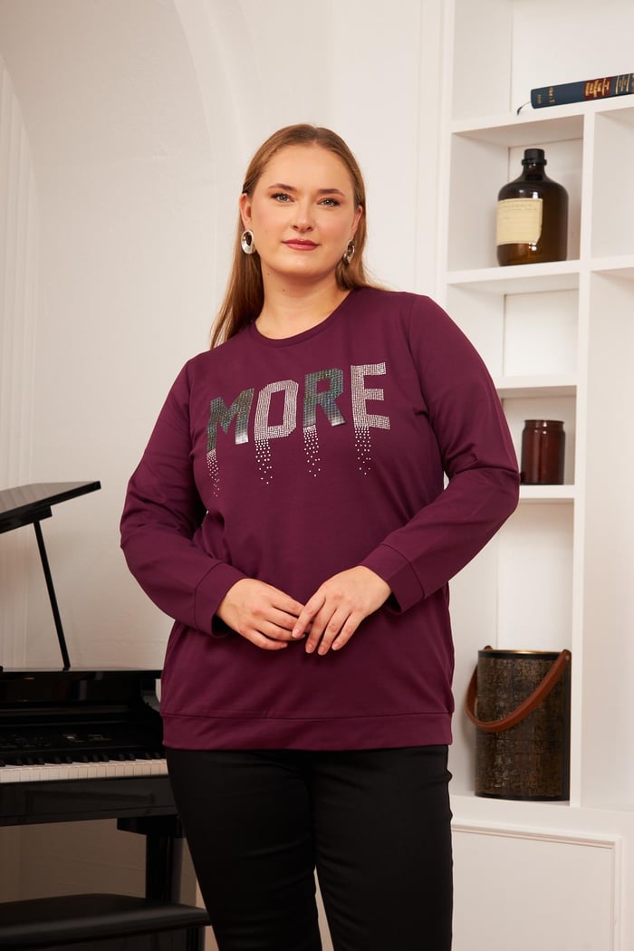 Büyük Beden Taş Baskılı Sweatshirt K.Mor