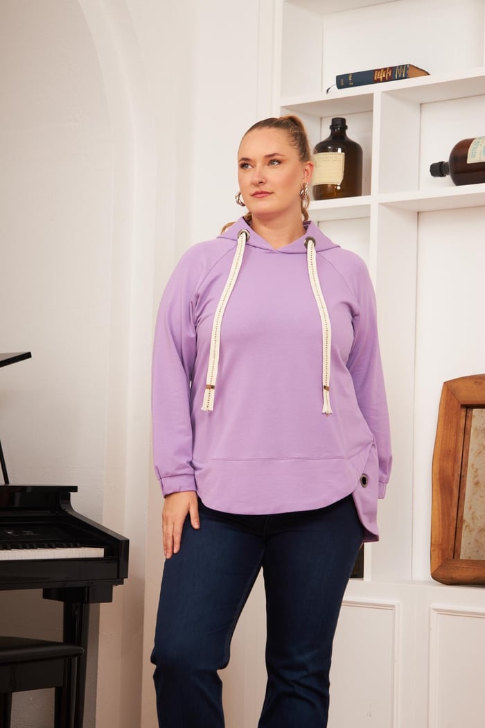 Büyük Beden Süslemeli Bağcıklı Kordon Sweatshirt Lila