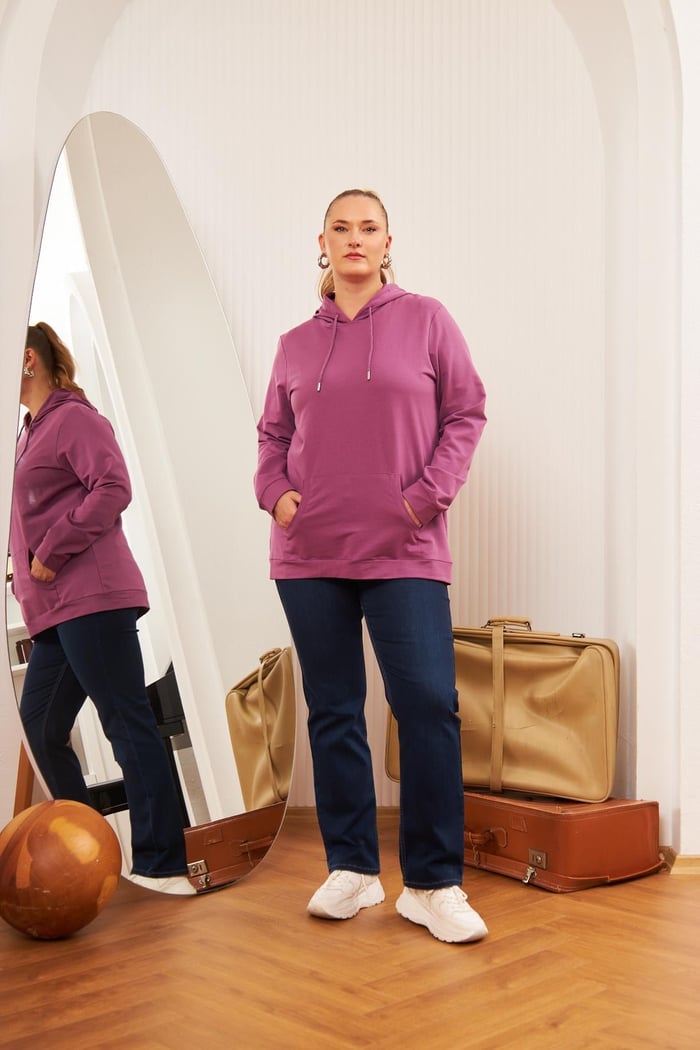 Rmg Kapşonlu Büyük Beden Mürdüm Sweatshirt