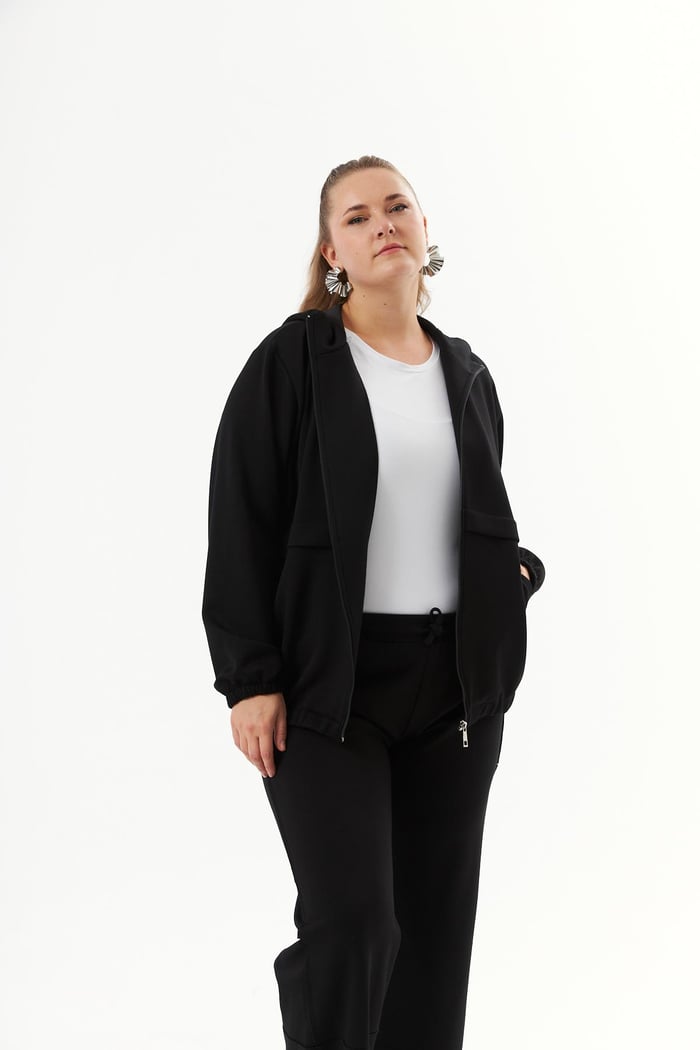 Büyük Beden Kapüşon ve Fermuarlı Sweatshirt Siyah