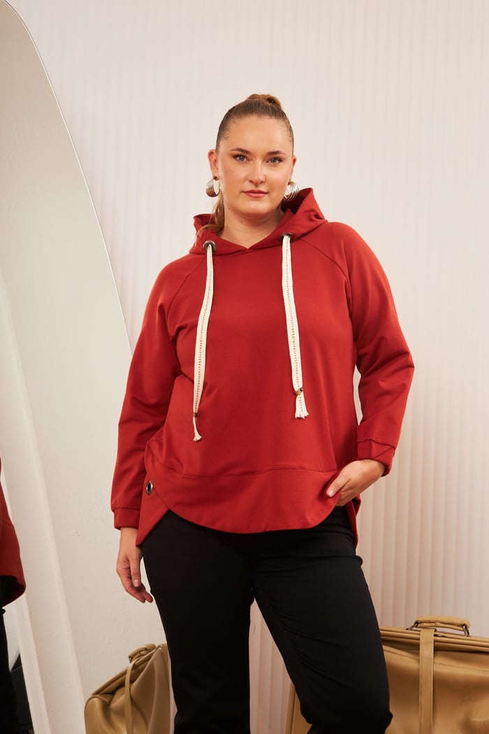 Büyük Beden Süslemeli Bağcıklı Kordon Sweatshirt Kiremit