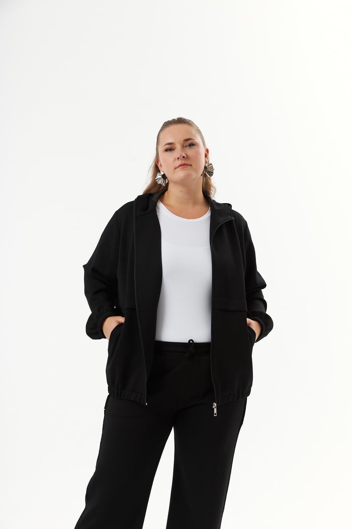 Büyük Beden Kapüşon ve Fermuarlı Modal Sweatshirt Siyah