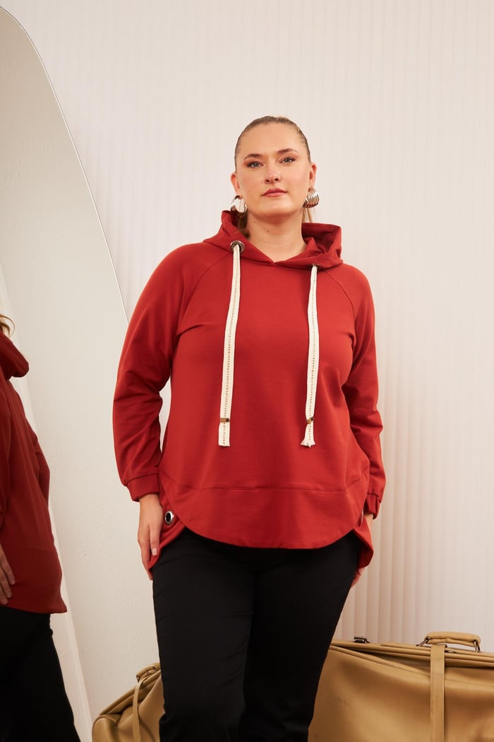 Büyük Beden Süslemeli Bağcıklı Kordon Sweatshirt Kiremit