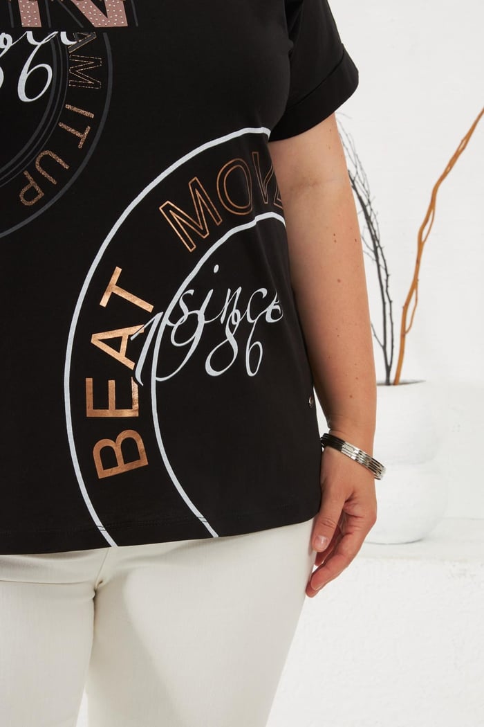 Beat Move Baskılı Büyük Beden Tişört Siyah