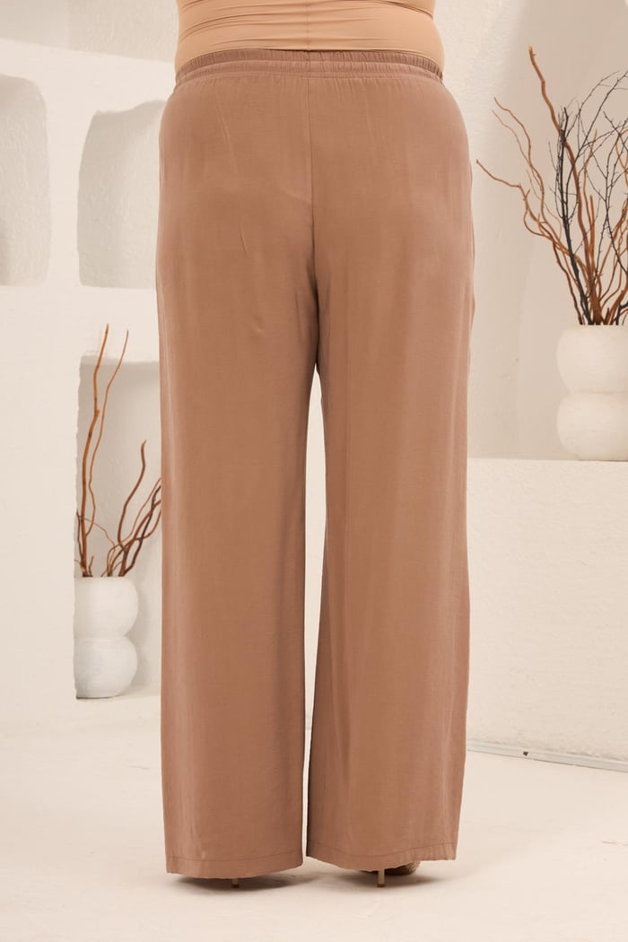 Bel Bağcık Detaylı Beli Lastikli Kadın Büyük Beden Pantolon Camel - RMG