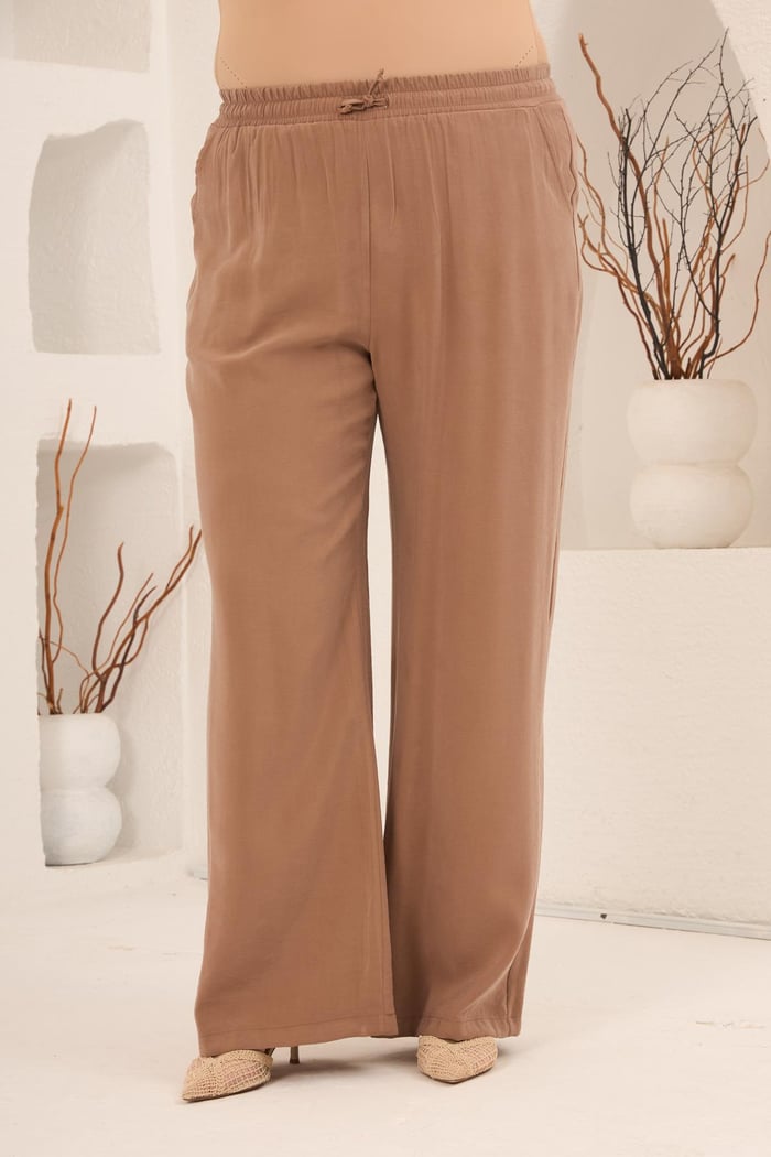 Bel Bağcık Detaylı Beli Lastikli Kadın Büyük Beden Pantolon Camel