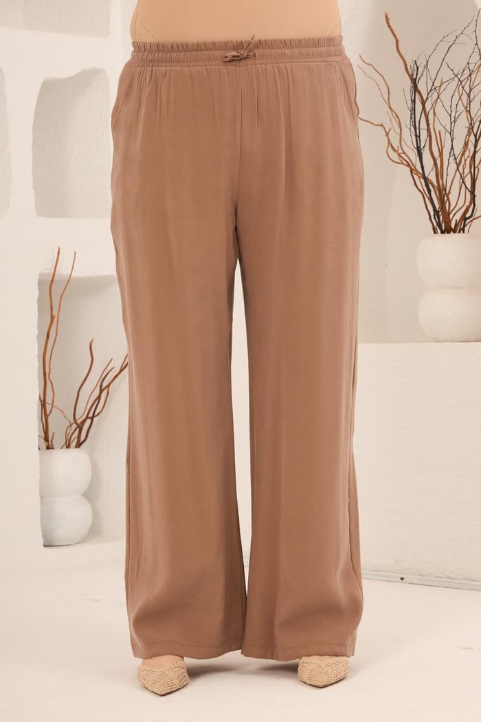 Bel Bağcık Detaylı Beli Lastikli Kadın Büyük Beden Pantolon Camel - RMG