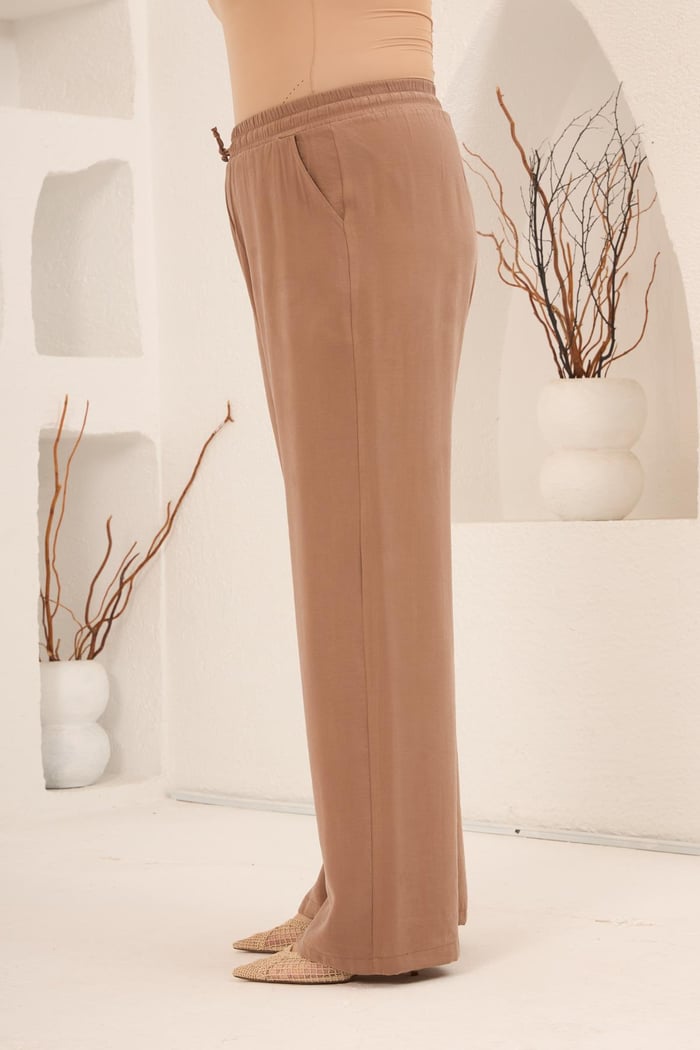 Bel Bağcık Detaylı Beli Lastikli Kadın Büyük Beden Pantolon Camel - RMG