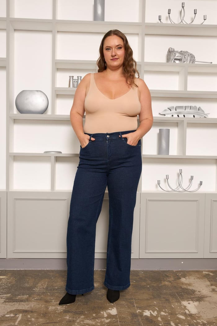 Beli Lastikli Bol Paça Büyük Beden Kot Pantolon Koyu Lacivert