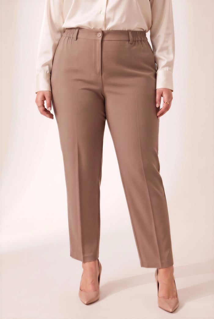 Beli Lastikli Büyük Beden Gabardin Geniş Paça Pantolon Vizon - RMG