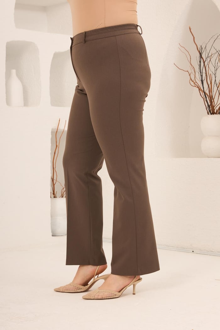 Beli Lastikli Büyük Beden Gabardin Geniş Paça Pantolon Vizon - RMG