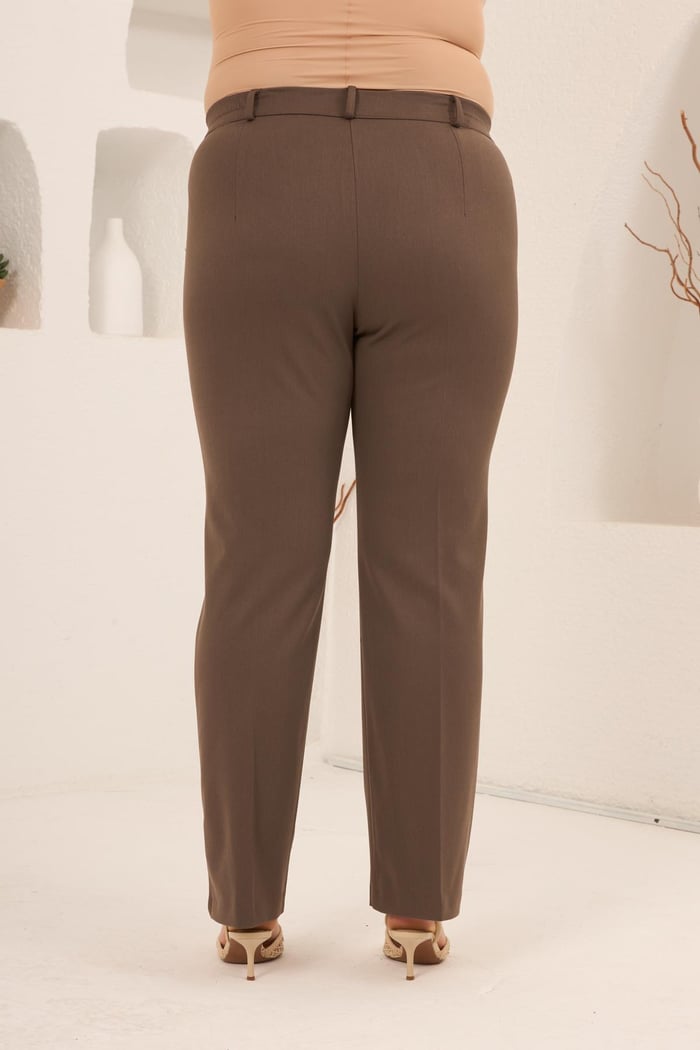Beli Lastikli Büyük Beden Gabardin Geniş Paça Pantolon Vizon - RMG