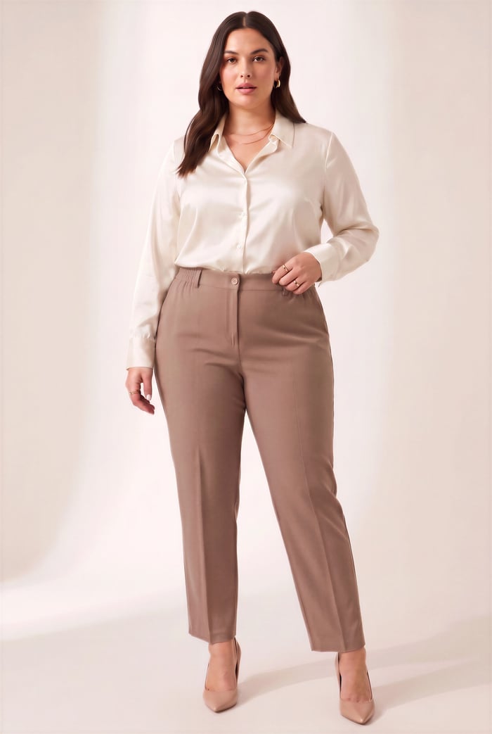 Beli Lastikli Büyük Beden Gabardin Geniş Paça Pantolon Vizon - RMG