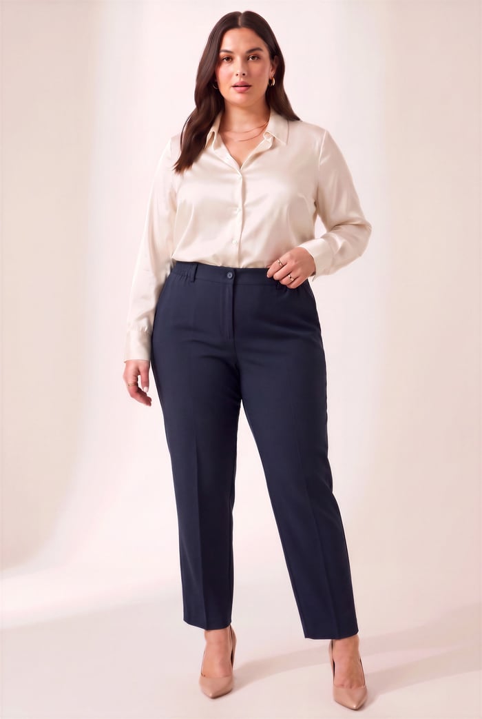 Beli Lastikli Büyük Beden Gabardin Geniş Paça Pantolon Lacivert - RMG