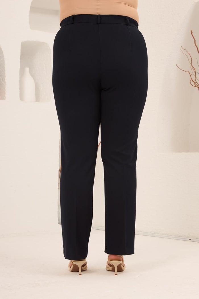 Beli Lastikli Büyük Beden Gabardin Geniş Paça Pantolon Lacivert - RMG