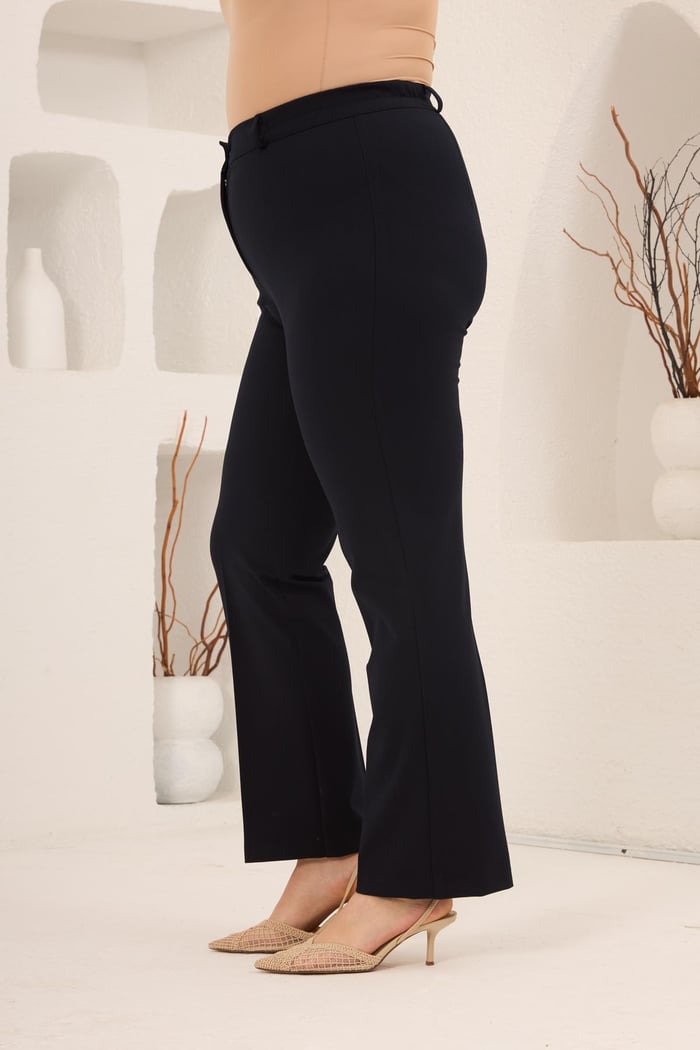 Beli Lastikli Büyük Beden Gabardin Geniş Paça Pantolon Lacivert - RMG