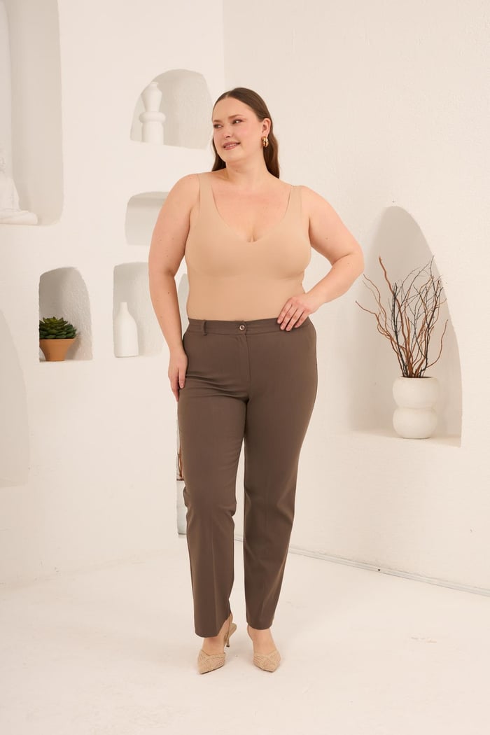 Beli Lastikli Büyük Beden Gabardin Geniş Paça Pantolon Vizon - RMG