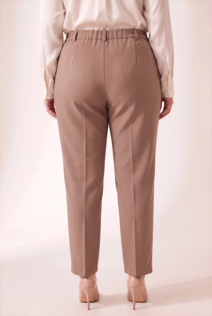 Beli Lastikli Büyük Beden Gabardin Geniş Paça Pantolon Vizon - RMG