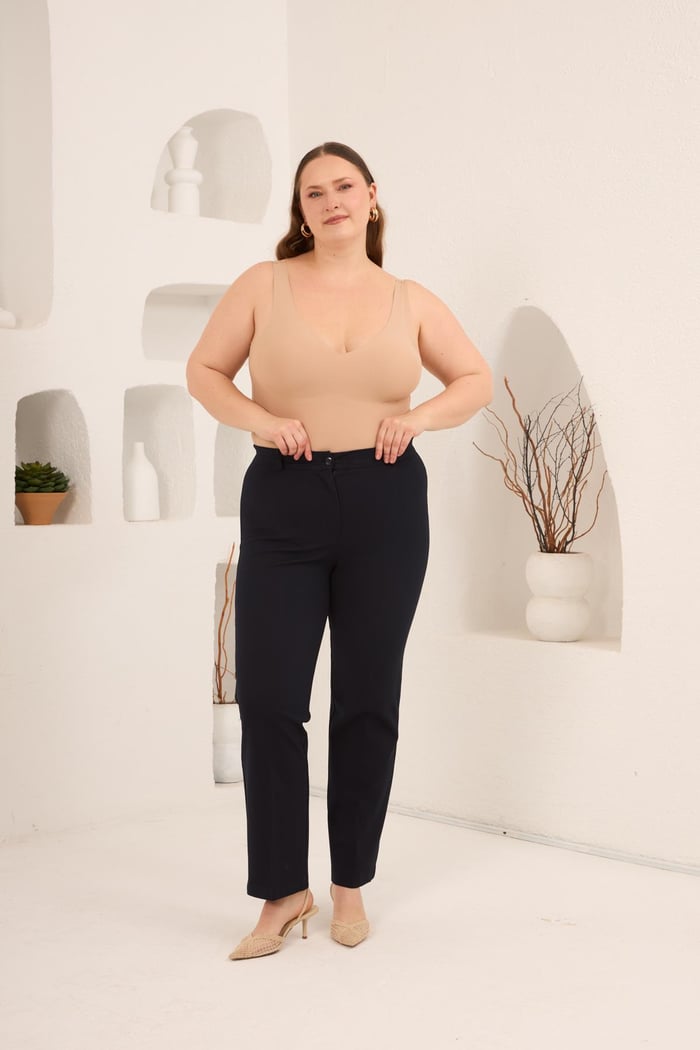 Beli Lastikli Büyük Beden Gabardin Geniş Paça Pantolon Lacivert - RMG