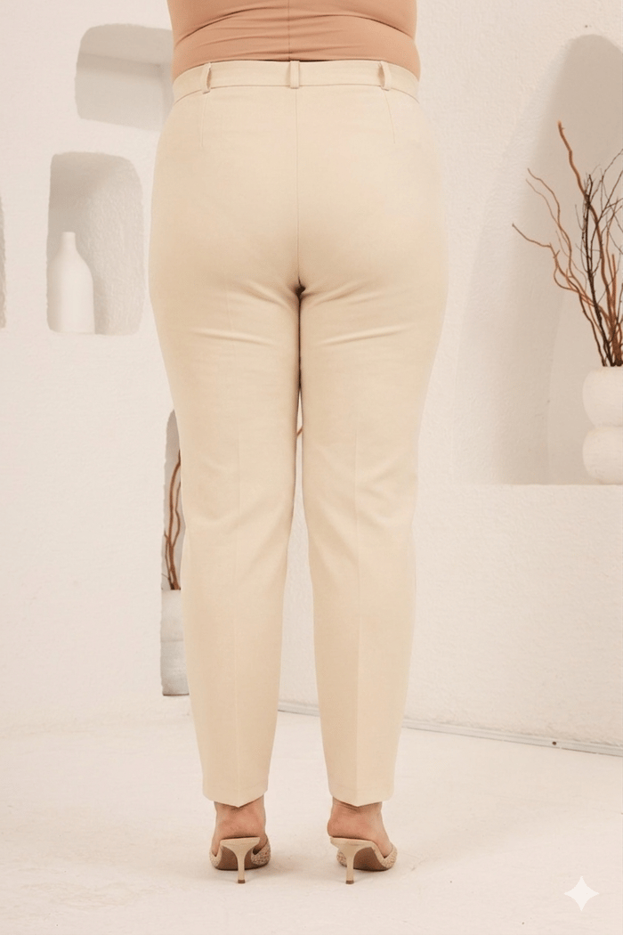 Beli Lastikli Büyük Beden Geniş Paça Pantolon Krem - RMG