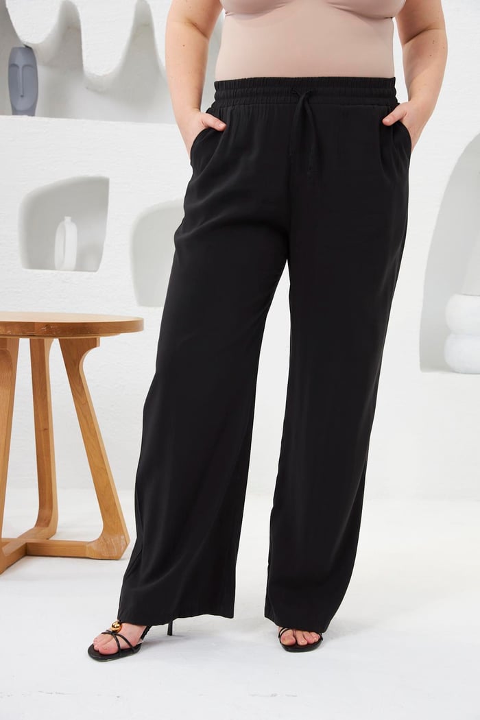 Beli Lastikli Geniş Paça Büyük Beden Pantolon Siyah