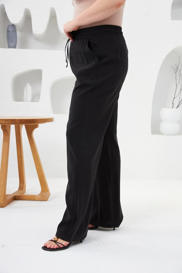 Beli Lastikli Geniş Paça Büyük Beden Pantolon Siyah