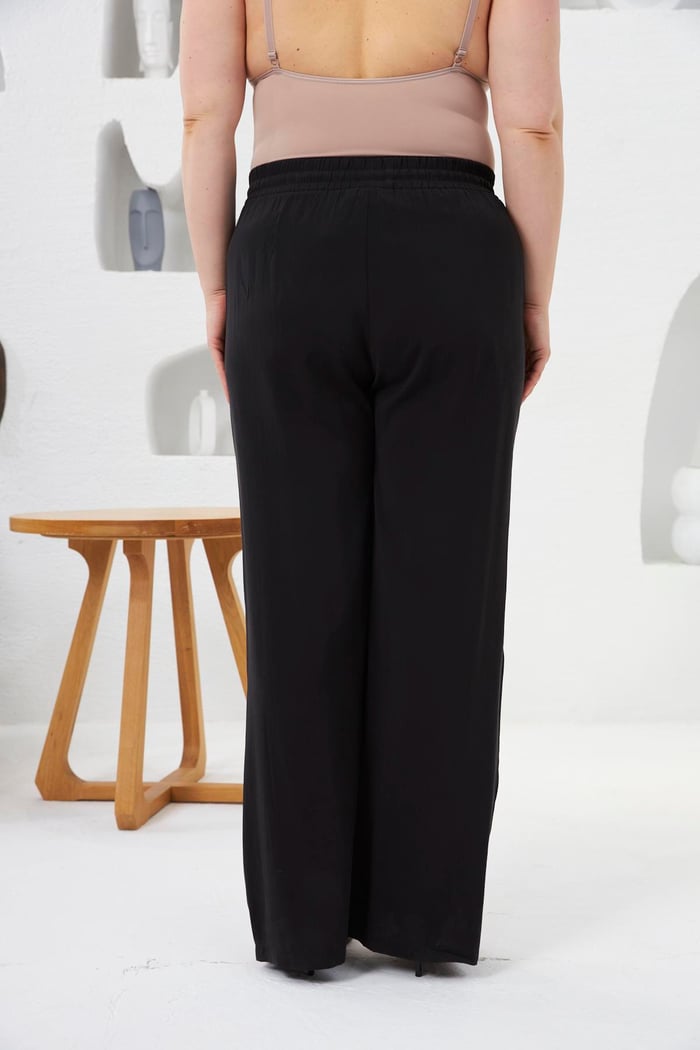 Beli Lastikli Geniş Paça Büyük Beden Pantolon Siyah
