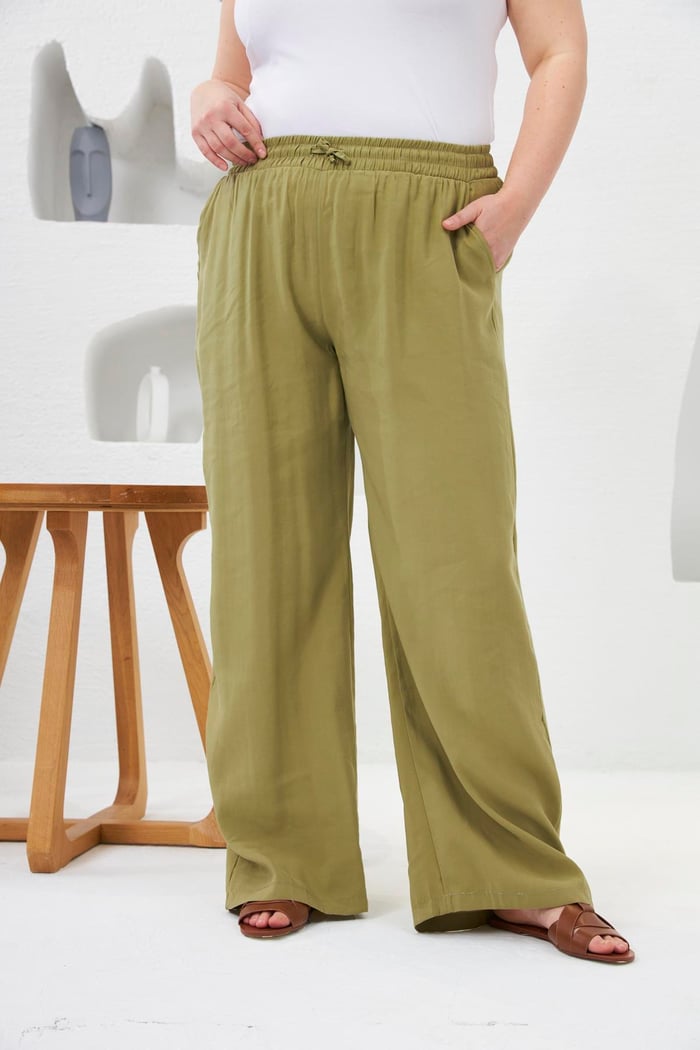 Beli Lastikli Geniş Paça Büyük Beden Pantolon Oliv