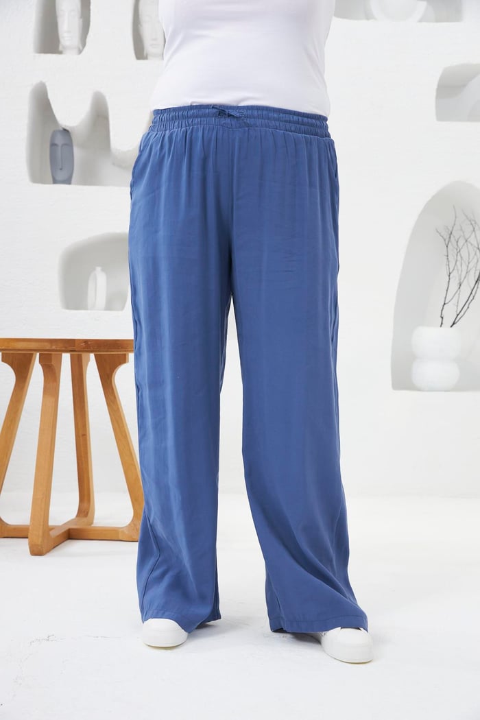 Beli Lastikli Geniş Paça Büyük Beden Pantolon İndigo