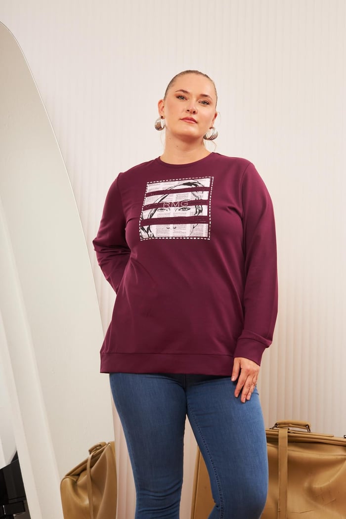 Büyük Beden Baskı ve taş Detay Sweatshirt Mor
